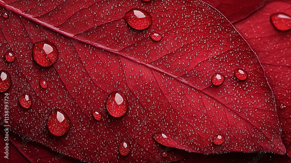 Fototapeta premium A red leaf with water droplets covering both ends