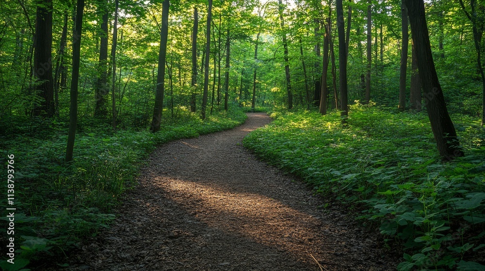 Winding forest path surrounded by lush greenery Winding forest path surrounded by lush greenery