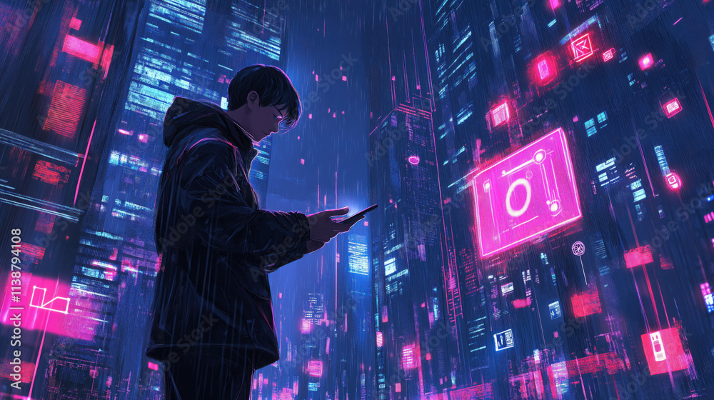 Businessman in a Modern Cityscape Looking at His Smartphone, Surrounded by Glowing Icons of Artificial Intelligence and Cloud Computing Businessman in a Modern Cityscape Looking at His Smartphone, Surrounded by Glowing Icons of Artificial Intelligence and Cloud Computing
