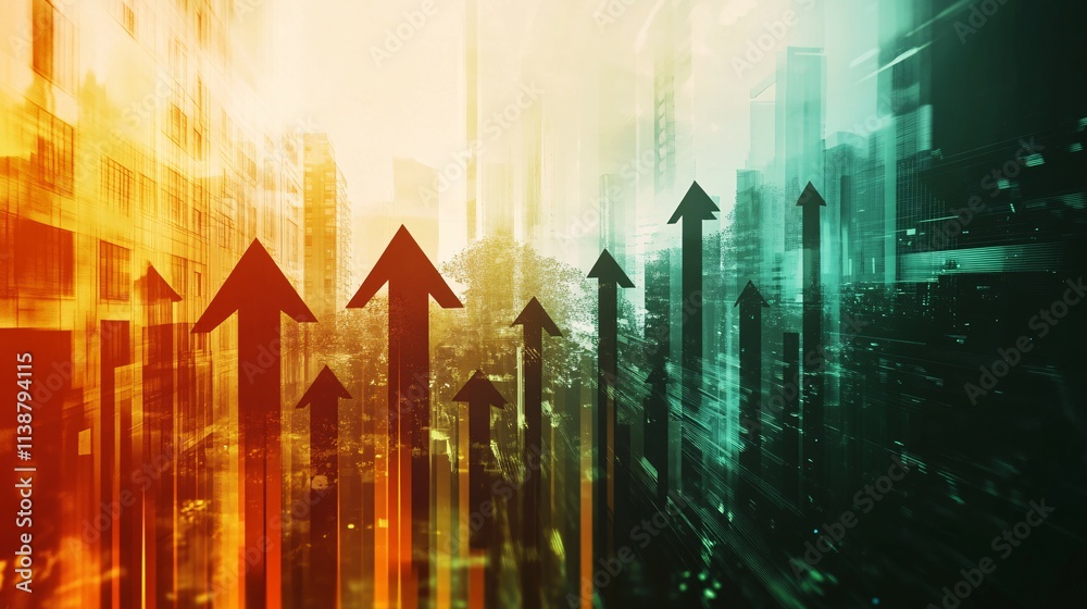 Urban Cityscape Showing Growth And Progress Arrows Urban Cityscape Showing Growth And Progress Arrows