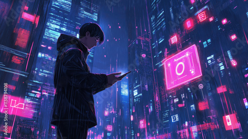 Businessman in a Modern Cityscape Looking at His Smartphone, Surrounded by Glowing Icons of Artificial Intelligence and Cloud Computing
