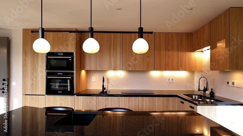 Modern kitchen interior with fireplace, showcasing contemporary design and luxurious furnishings