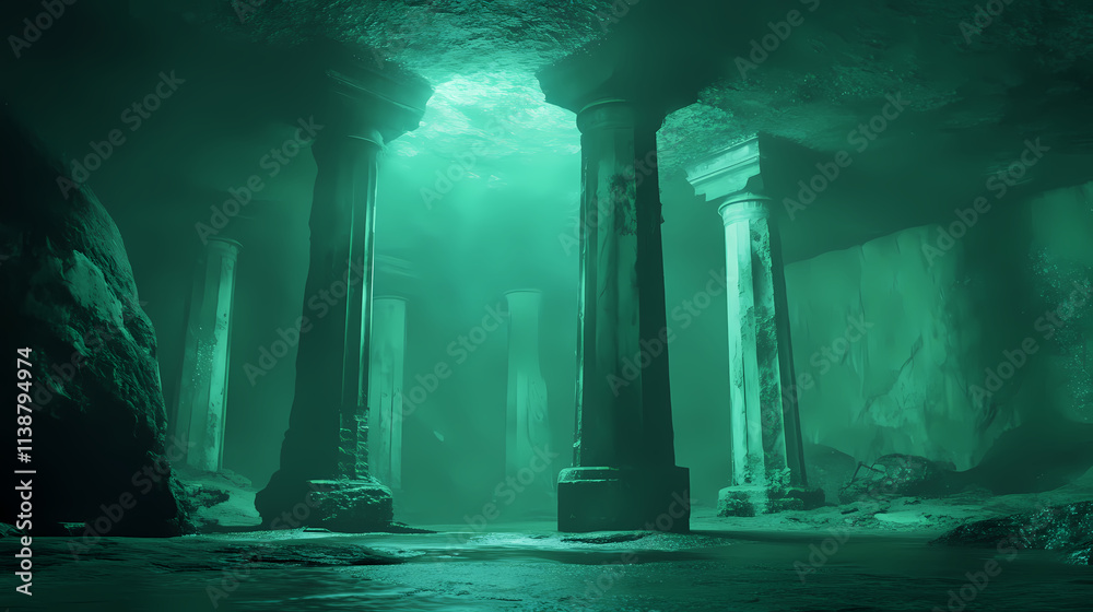 Glowing pillars stand tall in a dark, cavernous space, illuminated by an ethereal green light. Cavernous. Illustration Glowing pillars stand tall in a dark, cavernous space, illuminated by an ethereal green light. Cavernous. Illustration