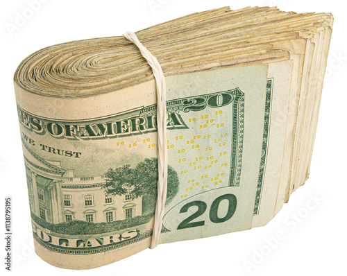 20$ bills. Stack of twenty American bills. Cash wad roll. Money rolled in half with rubber band. Green USA bank notes. USD banking saving. Paper money note. Business success. Rich. Isolated background