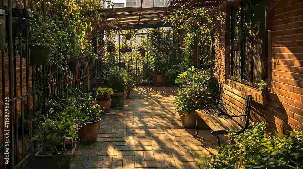 Lush, sunlit urban garden with potted plants and bench. Lush, sunlit urban garden with potted plants and bench.