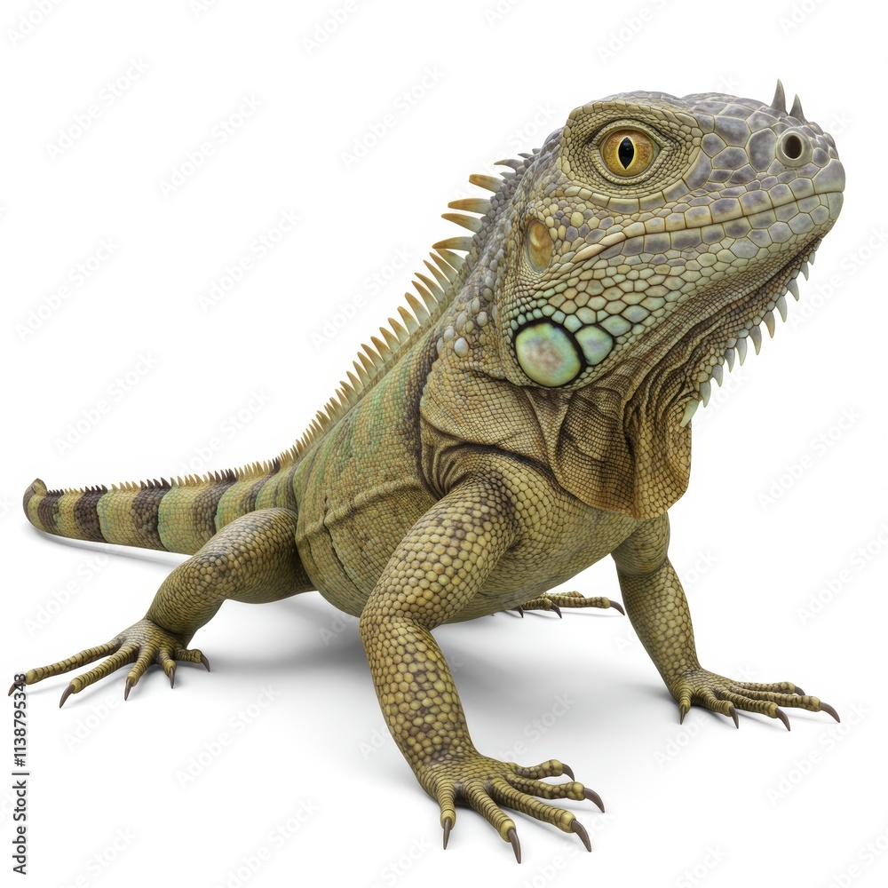 Obraz premium A realistic 3D rendering of an iguana looking at the camera on a white background