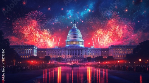 Realistic, patriotic Presidential Inauguration 2025 banner, flag and fireworks in perfect harmony photo