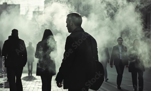 Man Exhaling Vapor in a Foggy City Street