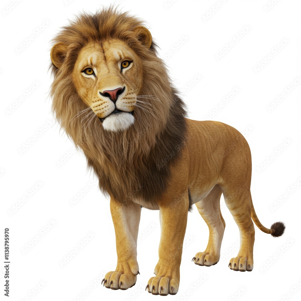 Obraz premium A realistic 3D rendering of a lion looking at the camera on a white background