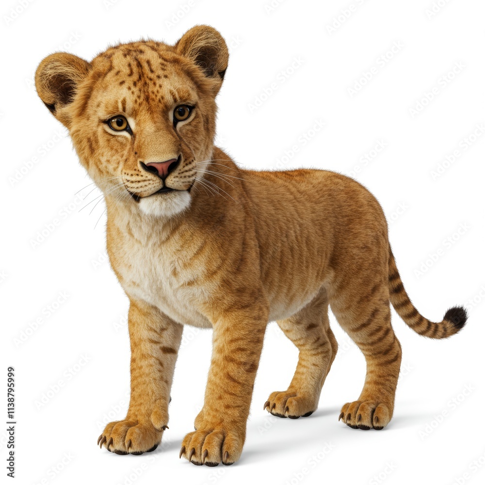 A realistic 3D rendering of a baby lion looking at the camera on a white background A realistic 3D rendering of a baby lion looking at the camera on a white background