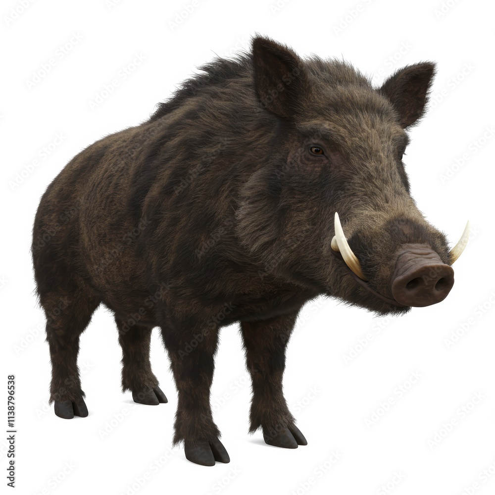 A realistic 3D rendering of a wild boar looking at the camera on a white background A realistic 3D rendering of a wild boar looking at the camera on a white background