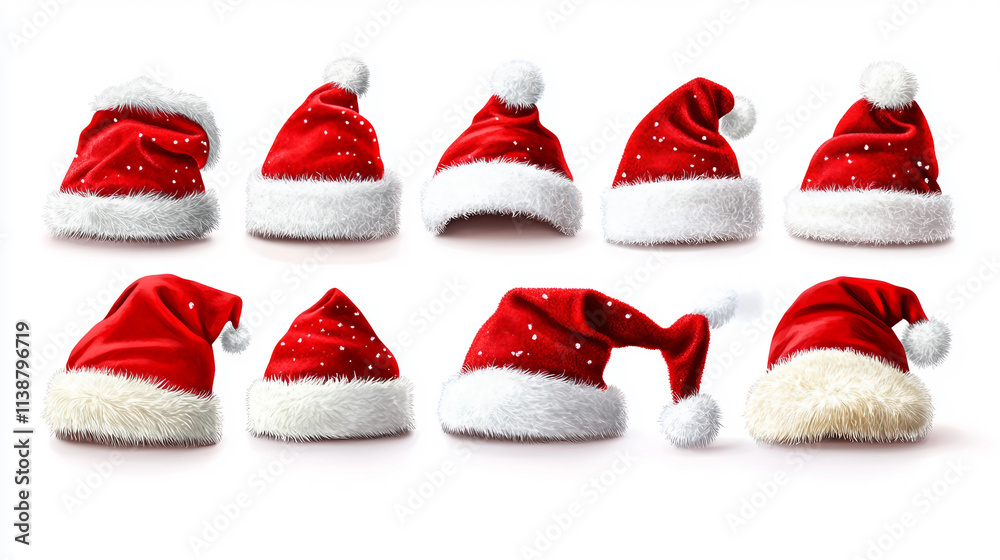 christmas hats isolated on white, santa claus hats, set of christmas decorations christmas hats isolated on white, santa claus hats, set of christmas decorations