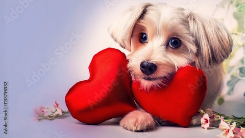 A cute puppy dog, red hearts, and flowers. Valentine's Day card with space for text.