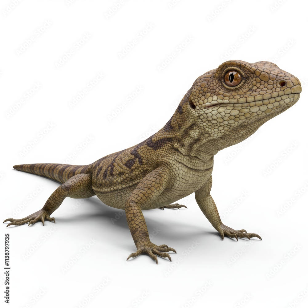 Fototapeta premium A realistic 3D rendering of a lizard looking at the camera on a white background