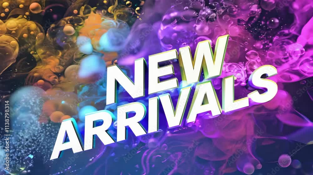 A colorful explosion with the words New Arrivals written in white. The explosion is made up of many small bubbles