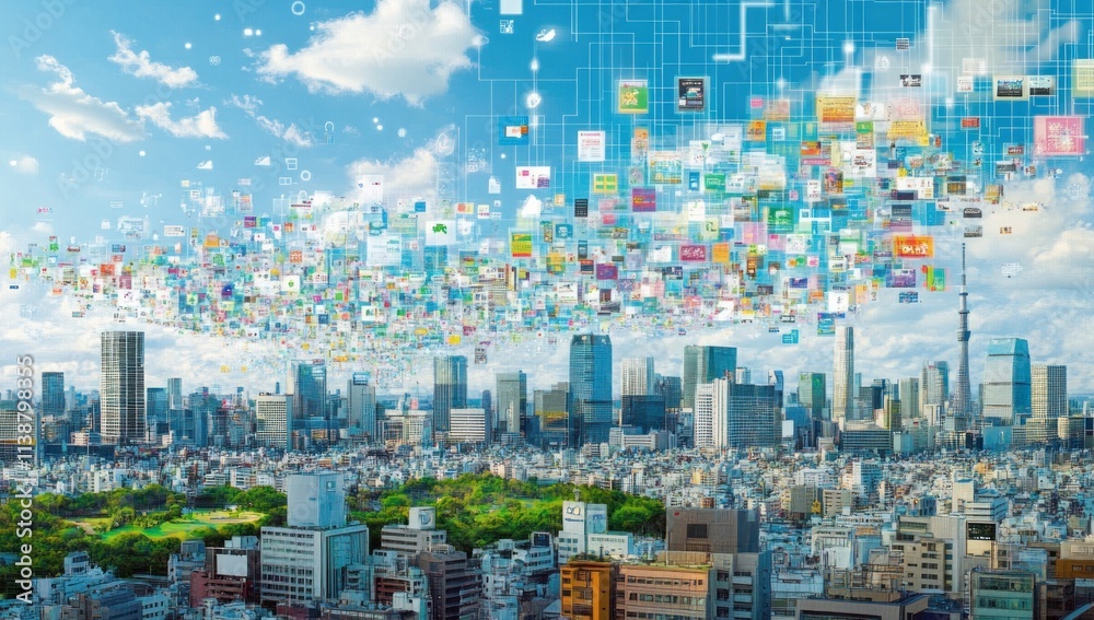 Fototapeta premium Digital data stream over cityscape.