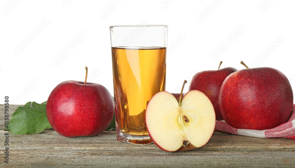 Tasty apple juice in glass and fresh fruits on wooden table against white background Tasty apple juice in glass and fresh fruits on wooden table against white background