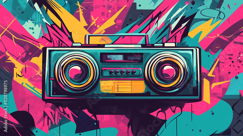 Retro Boombox Graffiti Art  80s Music  Vintage Stereo  Colorful Abstract Background