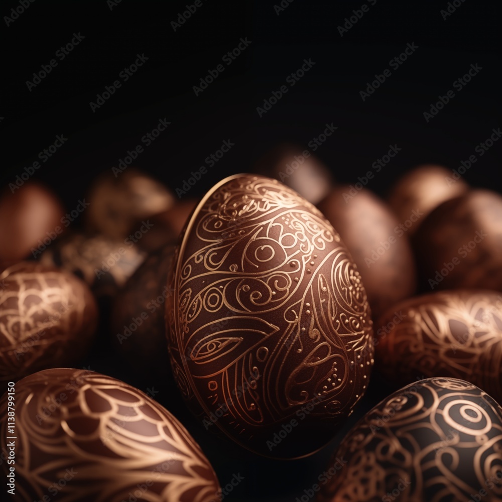 Close-Up of Luxury Easter Eggs with Golden Patterns on Dark Background - Generative AI Close-Up of Luxury Easter Eggs with Golden Patterns on Dark Background - Generative AI