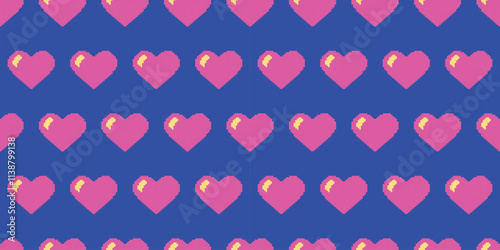 Retro Hearts Pattern. Pixel pink Love symbol on blue background. Seamless print for Valentine day wrapping paper. Romance 8-bit video Game. Digital wallpaper. 80s-90s. Color vector illustration