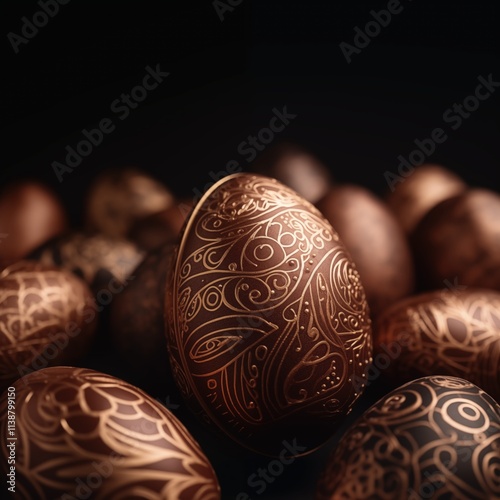 Close-Up of Luxury Easter Eggs with Golden Patterns on Dark Background - Generative AI photo