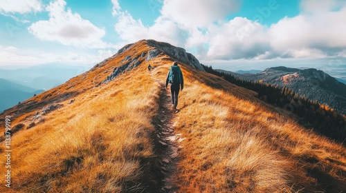 Mountain trail leading along the mountain ridge of beautiful mountains with autumn grass and colorful sky. Western Tatras, High Tatras, Slovakia, Poland. Discovering hiking in a colorful autumn. photo