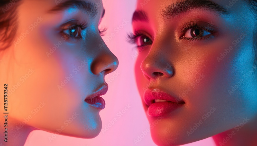 Beautiful woman admiring her reflection after receiving various facial treatments, satisfied with her rejuvenated skin. Beautiful woman admiring her reflection after receiving various facial treatments, satisfied with her rejuvenated skin.