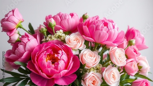 Fototapeta Naklejka Na Ścianę i Meble -  A beautiful arrangement of pink peonies and roses, perfect for adding a touch of elegance to any project, fresh, peonies, pink
