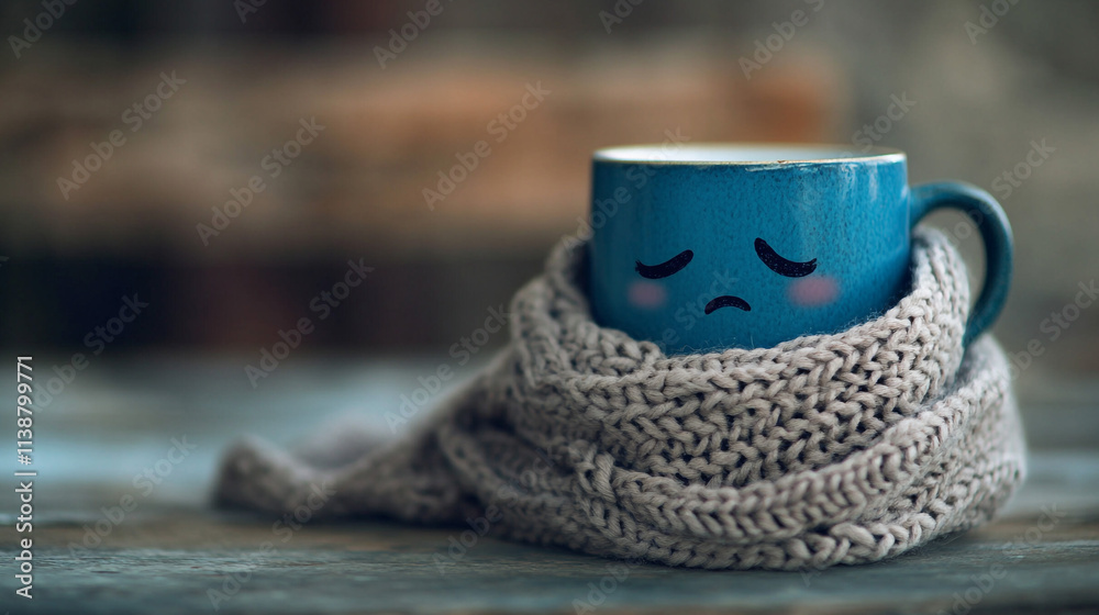 Sad Mug Wrapped in Cozy Knit Scarf Winter Comfort Cold Day Feeling Sad Mug Wrapped in Cozy Knit Scarf Winter Comfort Cold Day Feeling