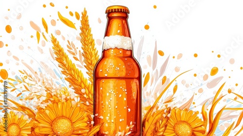 Vintage Glass Beer Bottle Surrounded by Bright Yellow Flowers and Wheat, Perfect for Celebrating Summer with a Refreshing Beverage