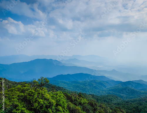 Vietnamese landscape with mountain scenery and shadows. Layers of mountains. Da Nang province, Vietnam. Aerial drone view