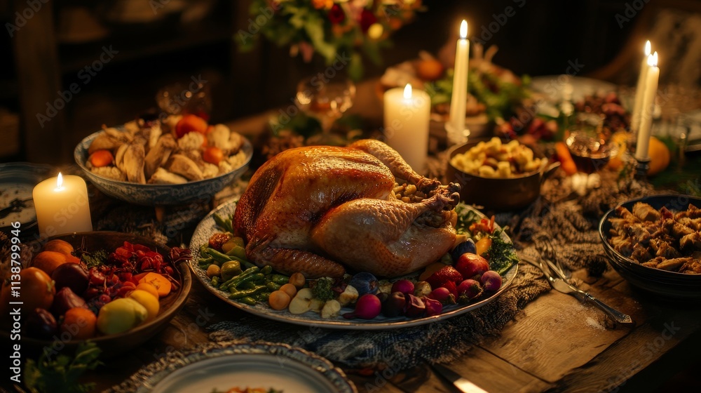 Fototapeta premium A festive Thanksgiving table with turkey, vegetables, and candles. Thanksgiving feast with turkey, colorful vegetables, and warm candles. Cozy Thanksgiving dinner setting. Thanksgiving turkey dinner.