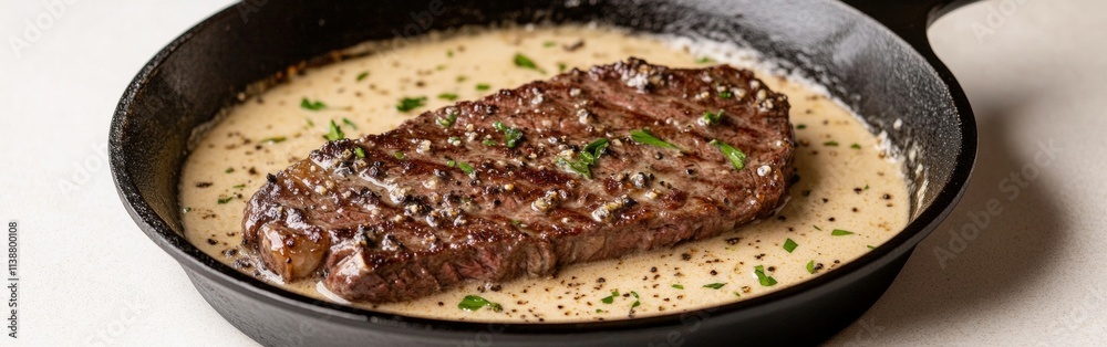 A perfectly grilled steak rests in a rich, creamy sauce, garnished with fresh herbs. The skillet adds a rustic touch, enhancing the delicious presentation A perfectly grilled steak rests in a rich, creamy sauce, garnished with fresh herbs. The skillet adds a rustic touch, enhancing the delicious presentation