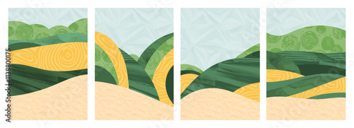 Abstract green collage vector illustration - nature, farm, rice, tea, wheat, eco-friendly agriculture. Simple design with trees, plants, organic textures for vintage, modern background, aerial views