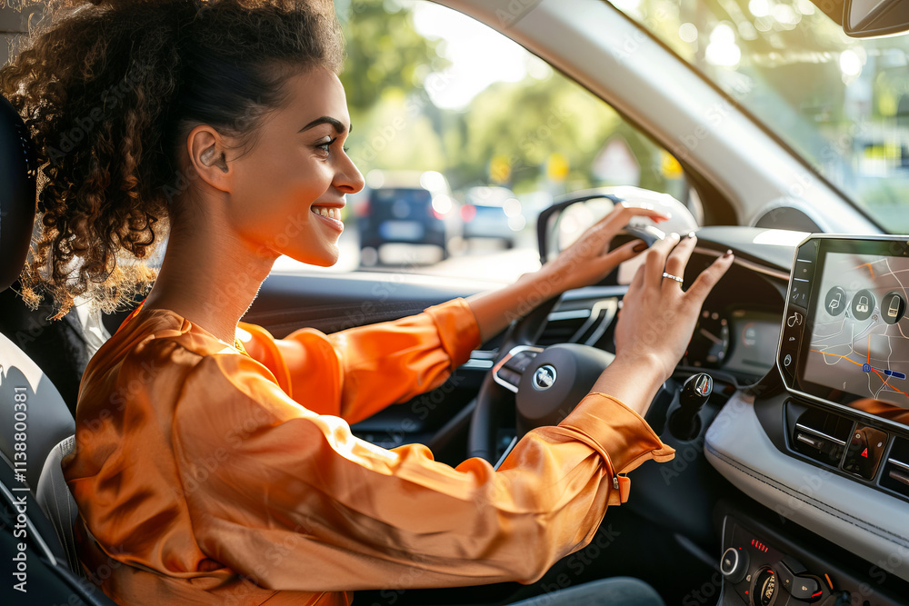 Joyful portrait of a young woman smiling while driving, embodying happiness and new opportunities. Joyful portrait of a young woman smiling while driving, embodying happiness and new opportunities.