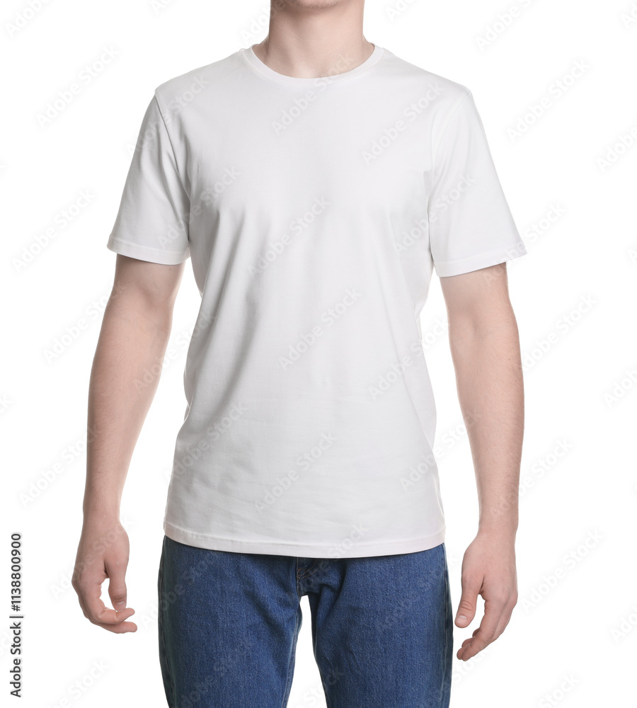 Man in stylish t-shirt on white background, closeup. Mockup for design Man in stylish t-shirt on white background, closeup. Mockup for design