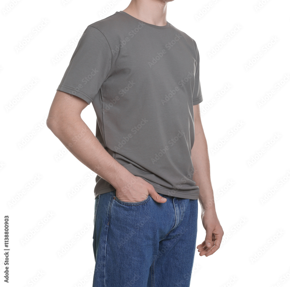 Man in stylish t-shirt on white background, closeup. Mockup for design Man in stylish t-shirt on white background, closeup. Mockup for design