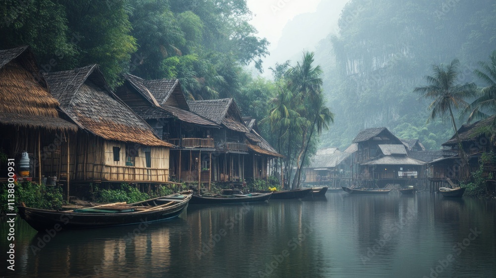 Riverside village with wooden homes, lush foliage, and boats. Riverside village with wooden homes, lush foliage, and boats.