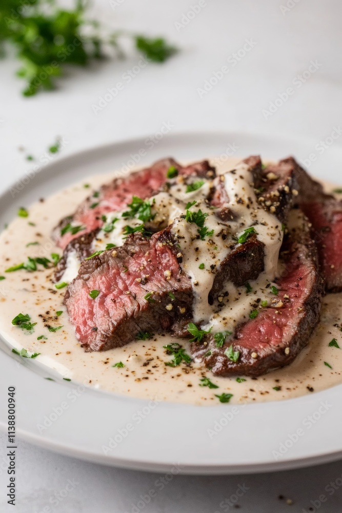 Tender cuts of steak are presented on a plate, drizzled with a creamy sauce and garnished with fresh herbs and spices. This dish showcases rich flavors and appealing textures Tender cuts of steak are presented on a plate, drizzled with a creamy sauce and garnished with fresh herbs and spices. This dish showcases rich flavors and appealing textures