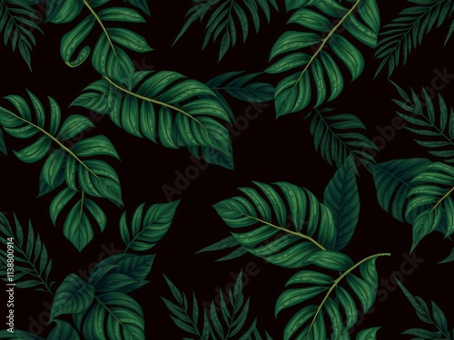 Wallpaper Mural A dark and mysterious pattern featuring exotic leaves in shades of green and black on a textured background, foliage, dark Torontodigital.ca