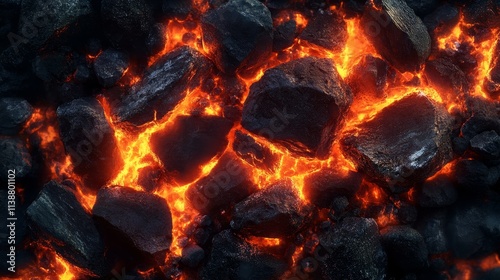 Barbecue Grill Pit With Glowing And Flaming Hot Charcoal Briquettes, Close-Up