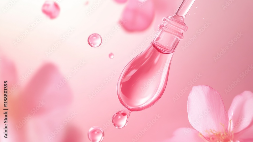 Pink liquid drips from pipette, with floating petals. Pink liquid drips from pipette, with floating petals.