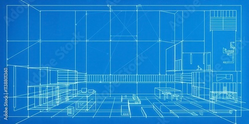 A modern blueprint poster photo effect mockup with geometric shapes and lines, print, visualization