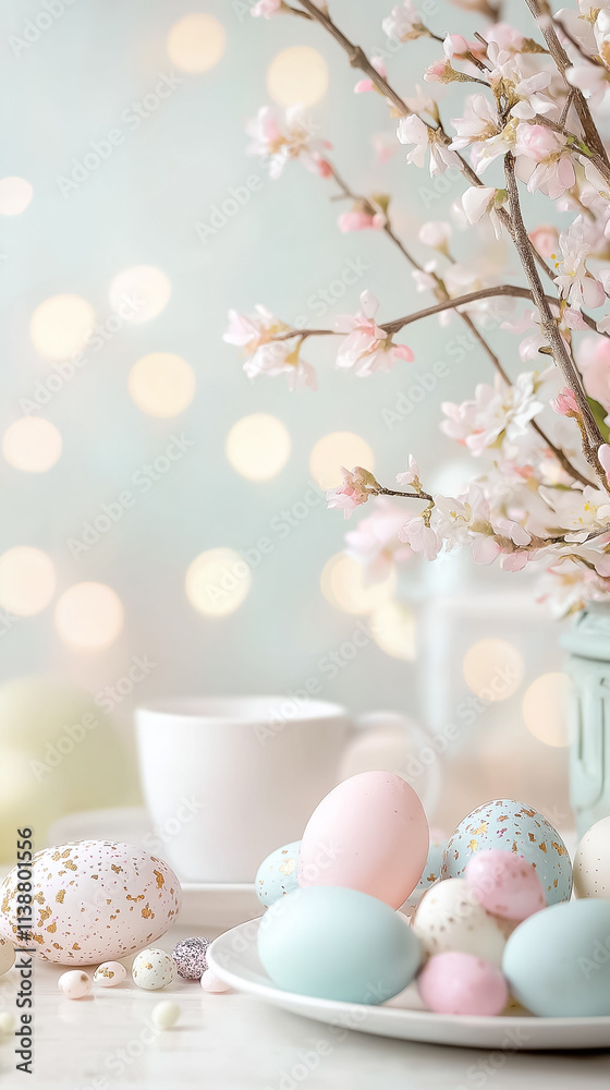 Beautiful pastel eggs surround a cup in a springtime display filled with cherry blossoms and warm bokeh lights Beautiful pastel eggs surround a cup in a springtime display filled with cherry blossoms and warm bokeh lights