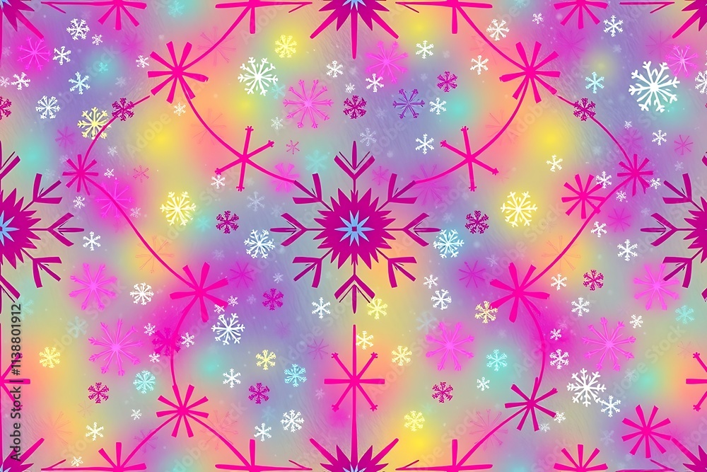 Rainbow Snowflakes: A vibrant and playful seamless pattern featuring a kaleidoscope of colors and whimsical snowflakes, perfect for wintery designs and festive backgrounds. Rainbow Snowflakes: A vibrant and playful seamless pattern featuring a kaleidoscope of colors and whimsical snowflakes, perfect for wintery designs and festive backgrounds.