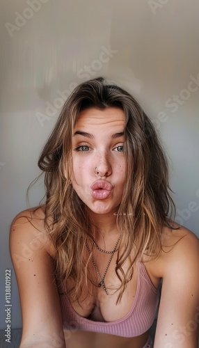 Beautiful closeup portrait of a young woman sending a kiss with an expressive look. Perfect for a screensaver, cover or social media post. photo