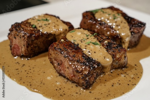 Three perfectly grilled steaks glisten with a creamy mushroom sauce, resting on a savory pool of sauce with a touch of fresh herbs. The dish looks hearty and appetizing