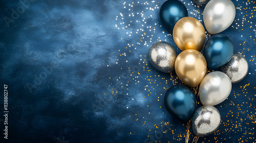 un fondo azul con destellos de luces doradas con espacio de copia para tarjeta o invitacion con globos decorativos elegantes para año nuevo o cumpleaños