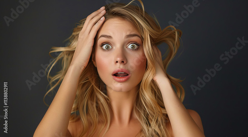 A young woman looks dumbfounded with her mouth open and eyes bulging, expressing surprise at marketing and sales news such as discounts or new products. Marketing and sales theme. photo