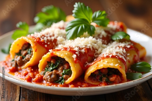 Delicious spinach and ricotta cannelloni with tomato sauce and parmesan garnish, Manicotti